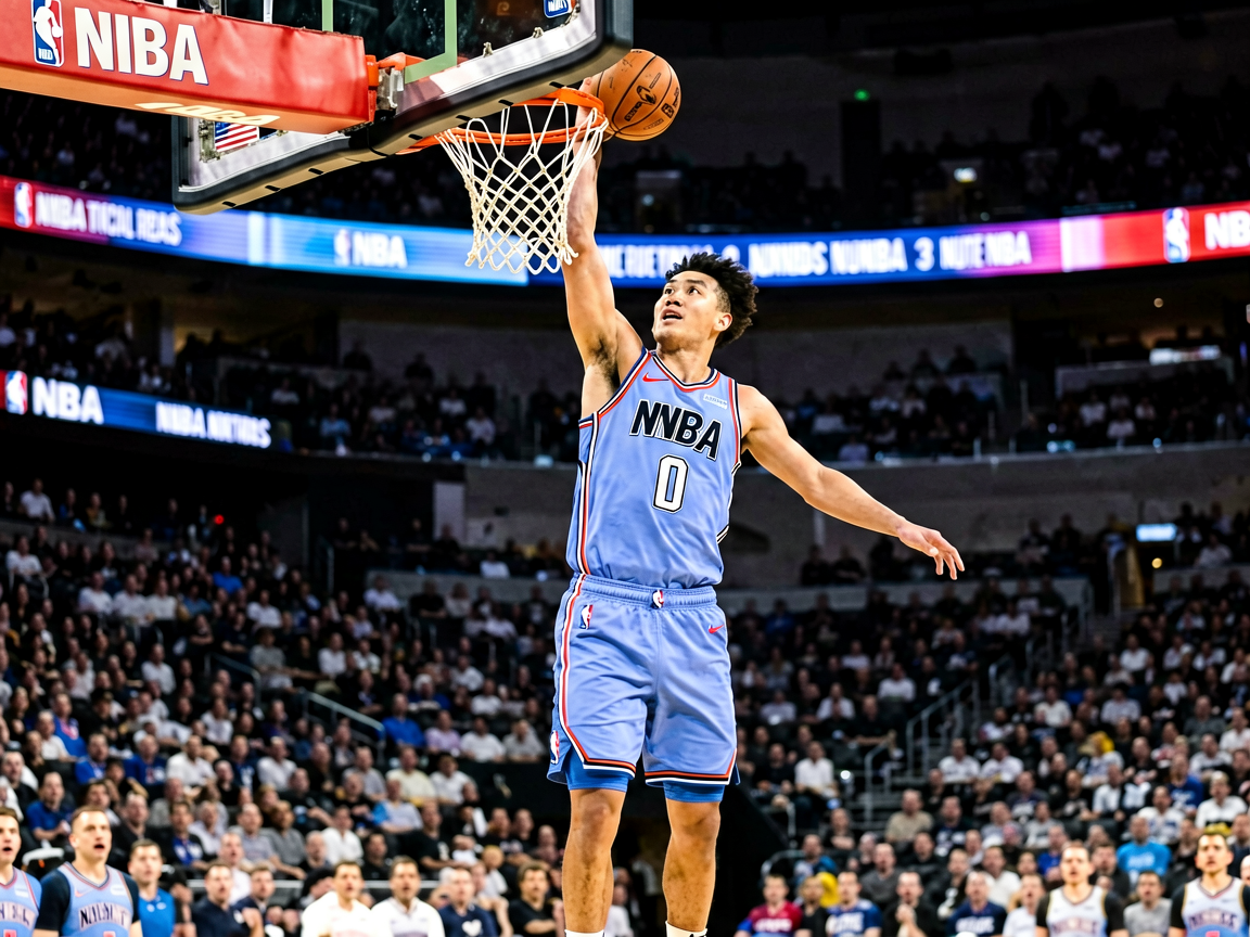 NBA比赛中球员扣篮的精彩瞬间，篮球在空中划过弧线，展现篮球赛事的动感与激情